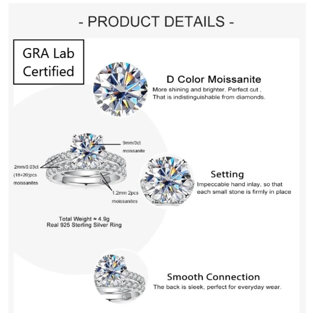 Certified Bridal Ring 4.14-Carat tw VVS1/D Moissanite Diamond in Sterling Silver - Picture 7 of 9